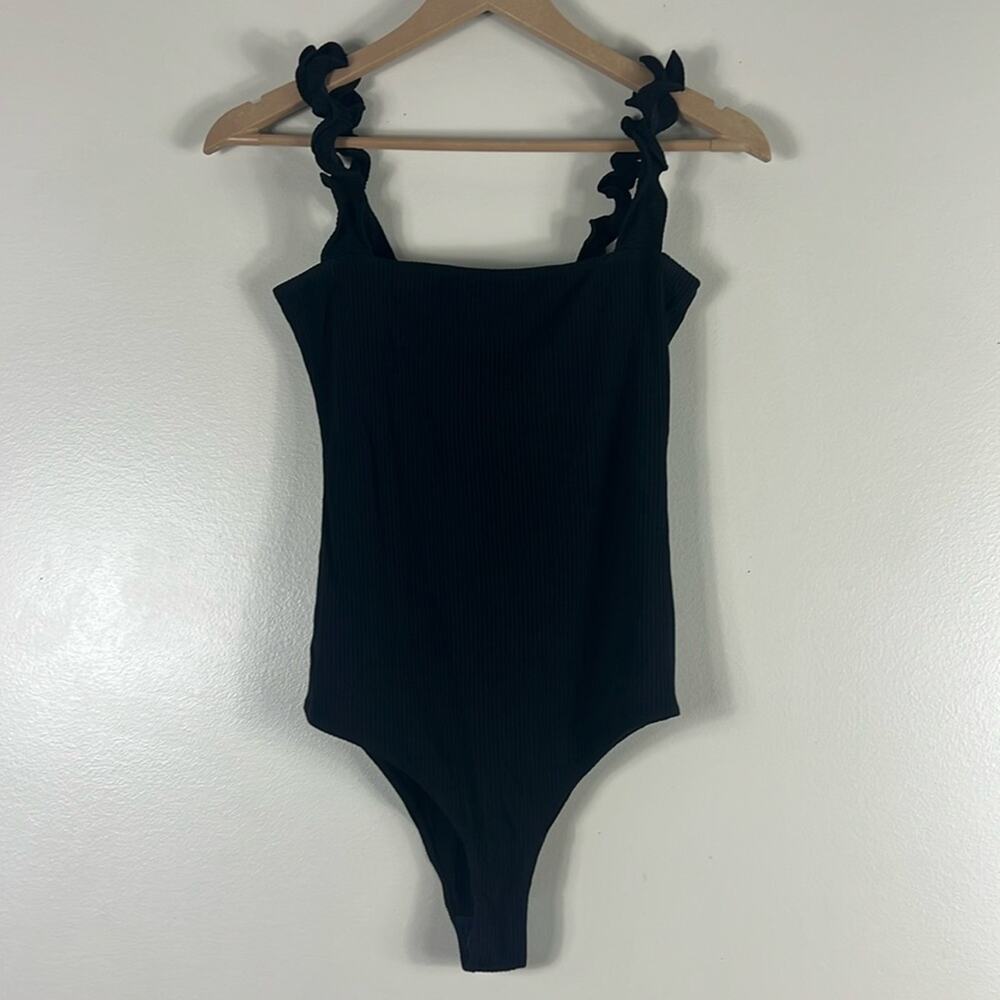 Reformation Black Ruffle Strap Ribbed Bodysuit - Picture 2 of 6